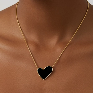 Stainless Steel Heart Pendant Necklace Gold Plated Black Enamel Asymmetric Peach Heart Snake Chain Jewelry For Women