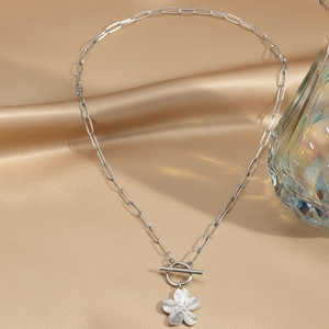 Silver stainless steel paperclip chain necklace with OT clasp and flower pendant