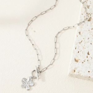 Silver stainless steel flower pendant necklace with OT toggle clasp and paperclip chain