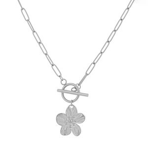 Silver stainless steel paperclip chain necklace with a textured flower pendant and OT clasp