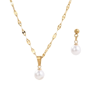 Elegantes Schmuckset aus goldenem Edelstahl mit weißem Perlenanhänger und Perlenohrringen