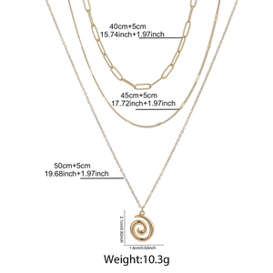Detailed specs for gold triple-layer necklace with spiral pendant and chain lengths