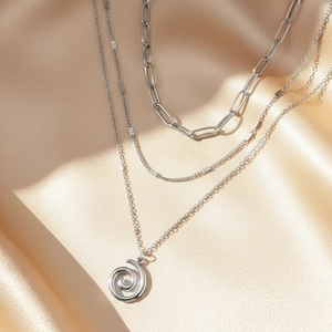 Three-layer silver stainless steel necklace with paperclip chain and spiral pendant set