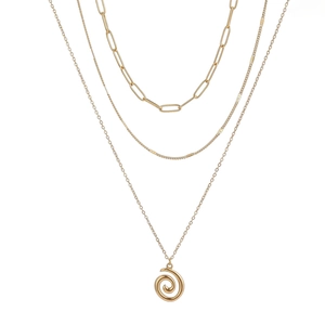 Chic four-layer gold paperclip chain necklace with a textured spiral pendant for women