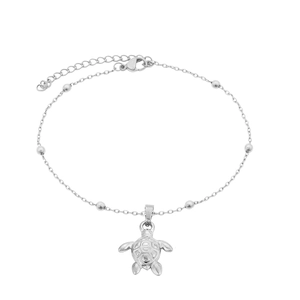 Silver turtle pendant anklet in stainless steel with bead chain and lobster clasp