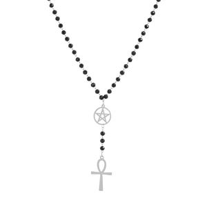 Collier Y2K gothique en acier inoxydable à perles noires avec croix Ankh et pentagramme
