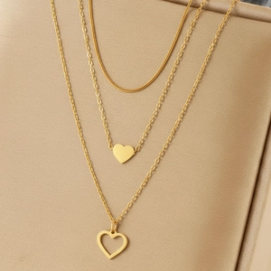 Three-layer 18K gold-plated stainless steel necklace with heart pendants and snake chain