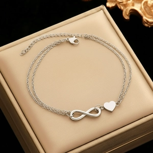 Double-layered stainless steel anklet with infinity symbol and heart charm in a gift box
