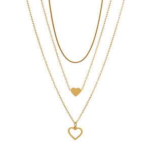 Three-layer 18K gold plated stainless steel necklace featuring double heart pendants