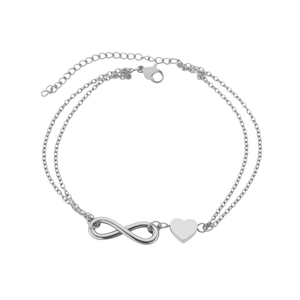 Double-layered stainless steel anklet with infinity symbol and polished heart charm pendant