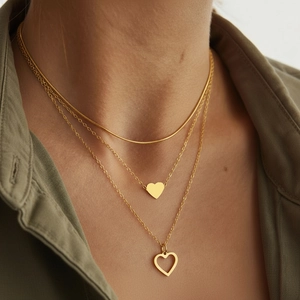 Layered Necklace Stainless Steel 18K Gold Plated Heart Pendants Snake Chain Link Chic Fashion Jewelry For Women