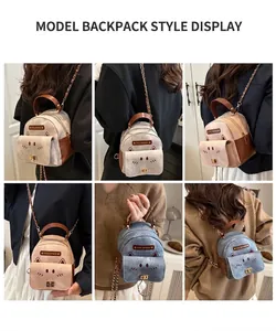 Detail view of mini cat-themed backpack with ears, showing crossbody and handle use