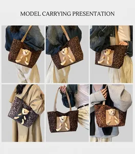 Multiple views of leopard print tote bag with cute 3D teddy bear on denim pocket