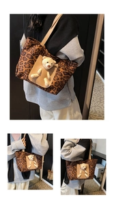 Detail of leopard print tote bag featuring a 3D teddy bear doll in the front pocket