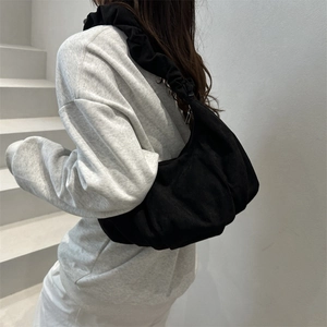 Retro black velvet pleated hobo bag with cloud-style scrunchie strap for women
