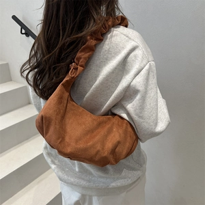 Brown faux suede hobo shoulder bag with trendy pleated strap for women's daily commute