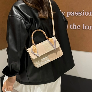 Chic beige crossbody square bag with sequin texture and silk scarf wrapped handle