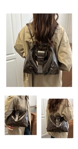 Detail of vintage brown tote bag showing versatile straps and rustic metal buckle closure