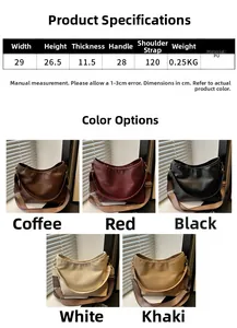 Detailed size specifications for large PU tote bag with color options and strap length info