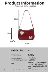 Detailed size specifications for red PU underarm bag with white heart and letter patch