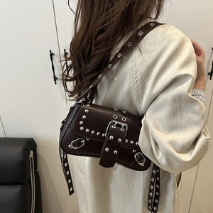 Brown rivet studded faux leather shoulder bag with punk Y2K vintage style for women