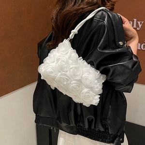Elegant 3D rose flower mesh tote bag for women featuring white floral petals and strap