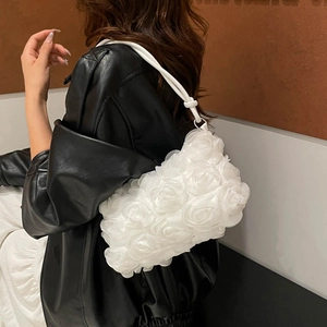 Elegant white 3D rose flower shoulder bag with textured petals for party and summer use