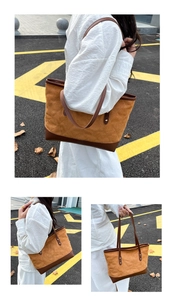 Detail of brown contrast tote bag with diamond quilted suede and gold rivet accents
