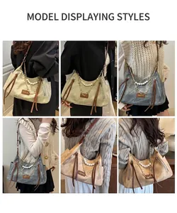 Detail view of large tote bags with decorative gold chains and pearls in multiple colors
