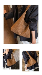 Detail of leopard print suede tote bag showing texture and metallic fashion label