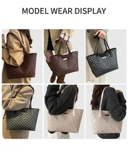 Collage of chic tote bags with letter prints and long straps in multiple colors
