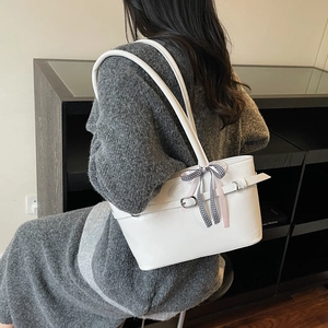 Minimalist white PU leather tote shoulder bag with a stylish checkered bow decoration
