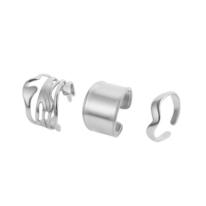 3-piece silver stainless steel chunky ring set featuring lava and minimalist wave designs
