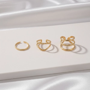 Three-piece gold adjustable hollow rings set in minimalist geometric stainless steel style