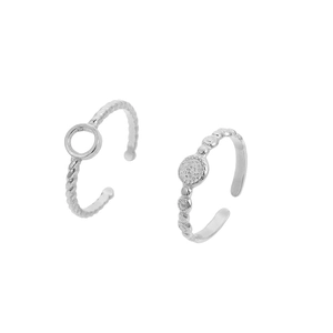 Set of two silver stainless steel open rings with hollow circular and beaded designs