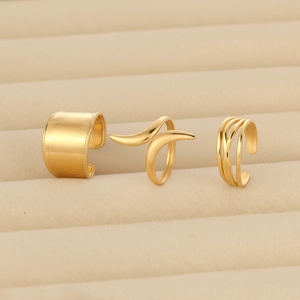 Three-piece gold plated stainless steel irregular wide open rings and ear cuff jewelry set