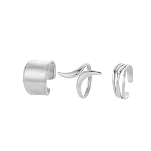 Three-piece silver stainless steel ring set featuring irregular chunky open band designs