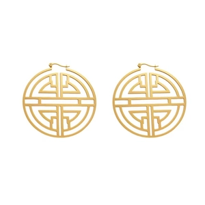 Golden hollow circular drop earrings with traditional Shou longevity pattern in stainless steel