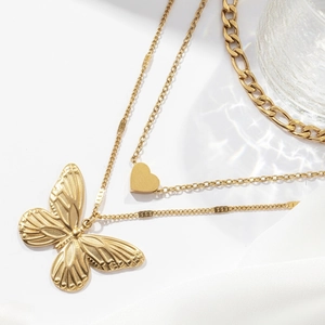 Elegant gold butterfly and heart layered stainless steel necklace with water shadow effect