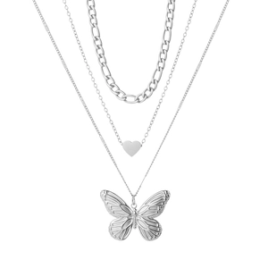 Three-layer stainless steel necklace featuring butterfly and heart pendants in silver