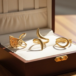 Lot de trois bagues dorées géométriques irrégulières ajustables sur un coffret à bijoux