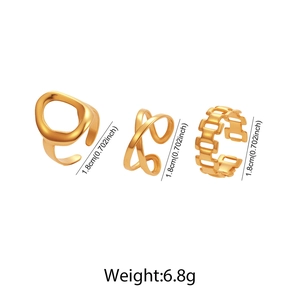 Three-piece 18K gold plated stainless steel open ring set with minimalist cross lines