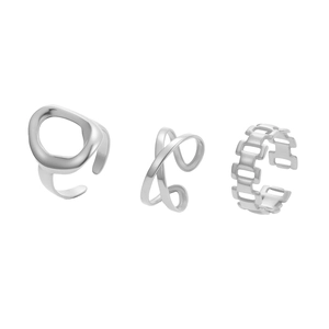 Three-piece set of silver stainless steel open rings with minimalist geometric designs