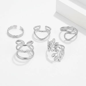 Lot de 5 bagues ouvertes géométriques argentées minimalistes avec motifs feuille et serpent