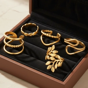 Lot de 5 bagues géométriques dorées avec motifs feuilles et vagues en coffret
