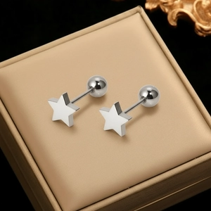 Pair of geometric stainless steel star stud earrings with screw ball back closure