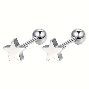Close-up of geometric star stud earrings with screw-back balls in polished stainless steel