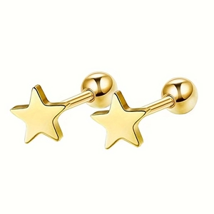 Detailed view of gold stainless steel star stud earrings with screw-back ball closures