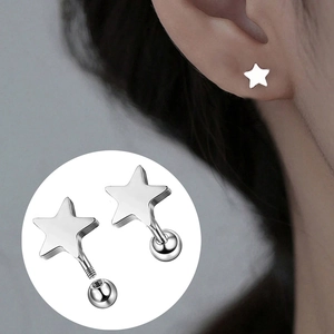 Stainless Steel Star Earrings Geometric Pentagram Screw Back Ball Cartilage Piercing Jewelry For Men Women