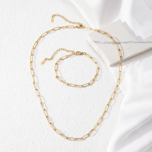 Parure bijoux collier et bracelet trombone en acier inoxydable plaqué or 18 carats pour femme